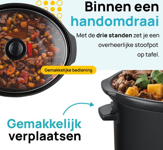 MOA Slowcooker 6,5L - Ø 24,5cm - Keramische Innenpfanne - Transparenter Deckel - 3 Heizstufen - Spülmaschinenfest - BPA-frei - Schwarz