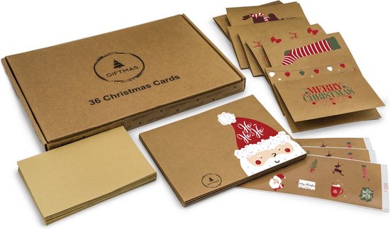 Giftmas Christmas Collection - Grußkarten & Weihnachtskarten Set - 36 Grußkarten mit 12 Motiven - Inklusive Umschläge und Aufkleber - Kraftpapier mit schwarzem Druck für die Feiertage - 20×15 cm
