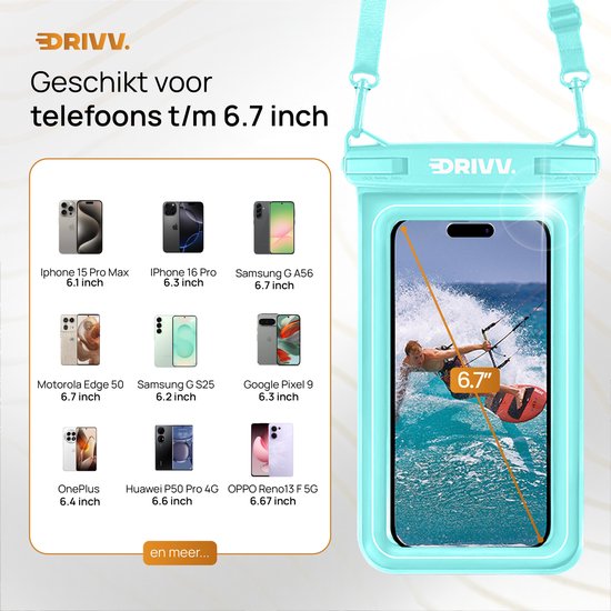Drivv. Wasserdichte Luxus-Telefonhülle - schwimmend - Doppel-Clip-Verschluss - Telefone bis zu 6,8 Zoll - Unterwasser-Telefonhülle - Blau