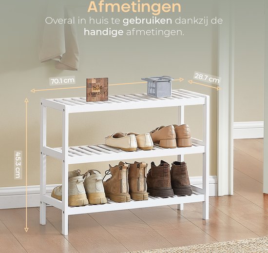 O'DADDY® Schuhregal - Schuhbank - Flurbank - 3 Lagen - Für 12 Paar - Multifunktionsregal - Bambus - 70 x 28 x 45 cm - Weiß