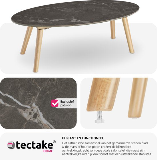 tectake® Couchtisch | Wohnzimmertisch, Ovaler Couchtisch mit Holzbeinen | Marmoroptik | Wetterfester Beistelltisch für Wohnzimmer, Terrasse, Garten oder Balkon - natur