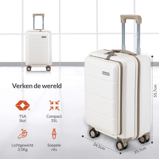 Nohrd Handgepäck Koffer 35 L - Spinner Räder - Trolley Leichtgewicht - Doppeltes TSA Schloss - Reisekoffer - praktische Fronttasche - Elfenbein