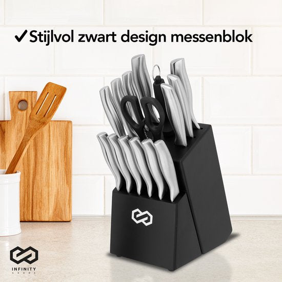 Infinity Goods - Messerset mit Messerblock - 16 Teile - mit Block, Messerschärfer und Schere - kratzfest - Edelstahl - Silber/Schwarz