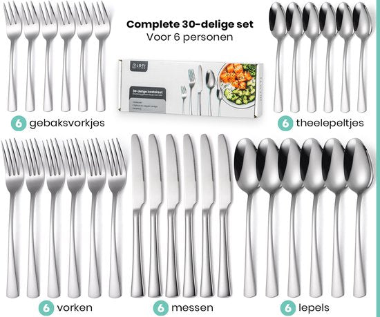 Loti Living Besteck-Set 30-teilig - 6 Personen - Besteck-Set 6 Personen - Löffel, Messer, Gabeln, Kuchengabeln - Spülmaschinenfestes Besteck - Hochwertiger Edelstahl - Edelstahl