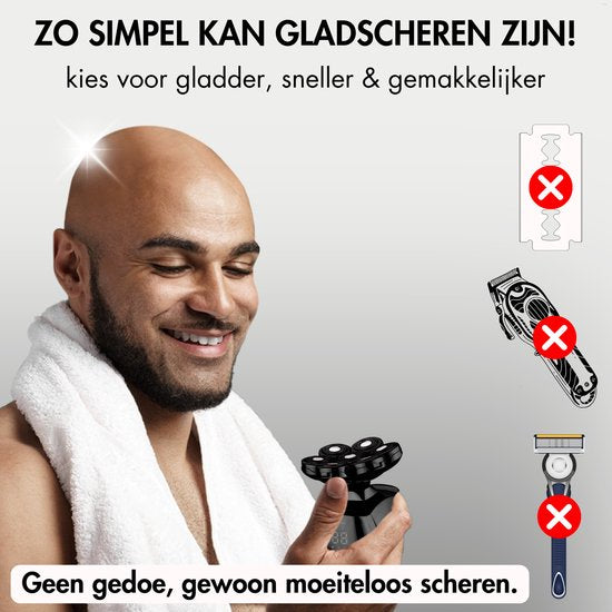 Sansbeauté® Skull Sharp PRO 6-in-1 Herrenrasierer - Nass & Trocken - Gesichts- und Kopfrasierer - Kabelloses Aufladen - Inkl. Aufsätze