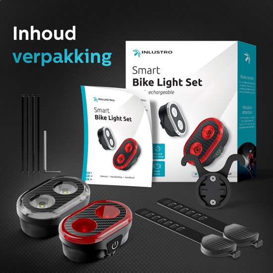 Inlustro Smart Bicycle Light Set - Rücklicht mit Bremssensor / Sattelhalterung - LED-Fahrradlicht rot und weiß - Fahrradlicht Scheinwerfer Vorderlicht - USB aufladbar / wasserdicht