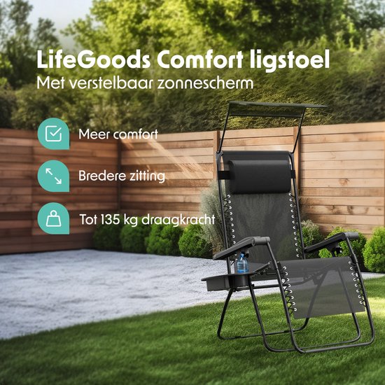 LifeGoods Faltbarer Gartenstuhl - Verstellbarer Sonnenschirm - Gartenliege - 30°-90° verstellbar - Metall - Schwarz