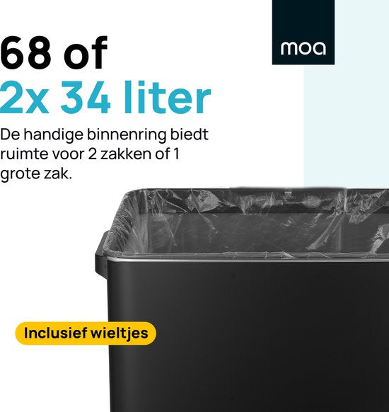 MOA Mülleimer mit Sensor - 68 Liter - Abfalleimer - Edelstahl und langlebiges ABS - Rutschfest - Geräuschloser Deckel - Schließverzögerung - Schwarz - SB03B