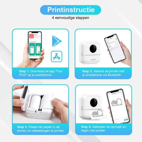 Ilona Mini-Drucker für das Handy - Taschendrucker - Premium Mini-Fotodrucker - Tragbarer Smartphone-Drucker - Mobiler Fotodrucker - Stickerdrucker - Inkl. 5 Rollen Klebepapier + 5 Rollen weißes Papier + 3 Rollen farbiges Papier + 5 Stifte