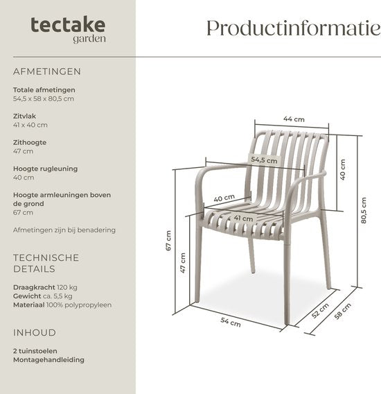 tectake® 2er Set Gartenstühle Alcudia - Taupe - Kunststoffstühle mit Armlehne - Gartenset für rund um den Gartentisch oder beim Camping Stapelbar - Stühle für Garten, Terrasse oder Balkon - Wetterfest und UV-beständig - Belastbarkeit 120kg pro Gartenstuhl