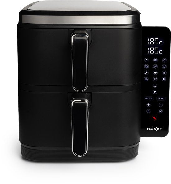 Nexxt - Double Stacked Airfryer - 11 l Fassungsvermögen - Schwarz & Edelstahl - 12 Garprogramme - Stacked Modell - Platzsparend & Doppelschublade