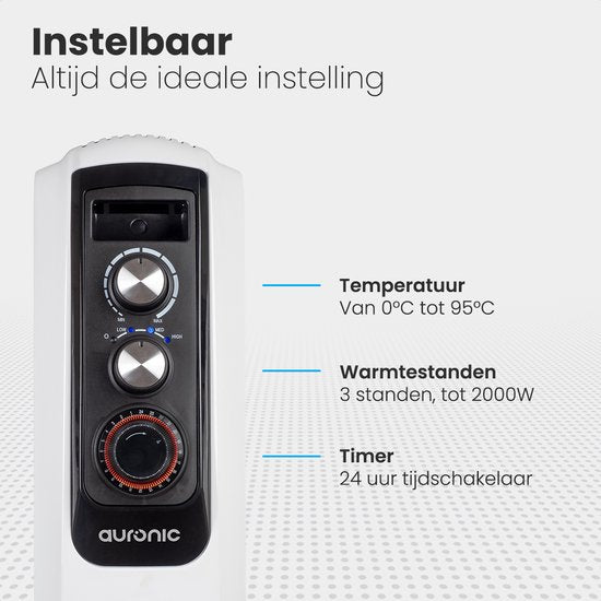 Auronic Ölradiator mit Thermostat - 2000W Heizleistung - Elektroheizung - Timer - 3 Stufen - Weiß