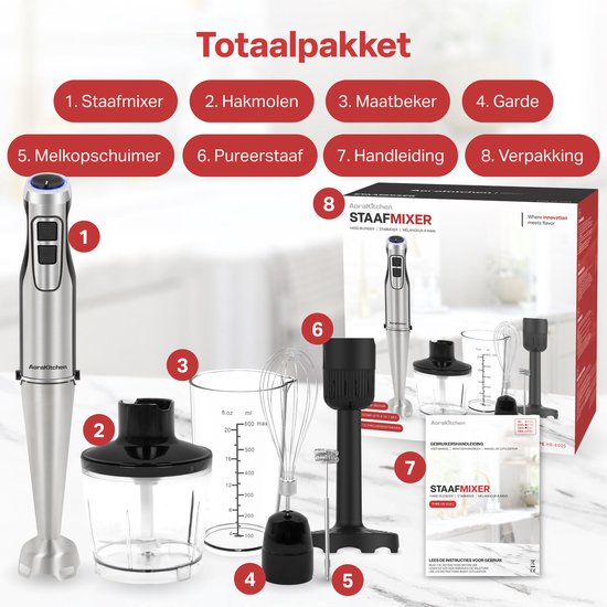 AoraKitchen Stabmixer-Set - 6 Teile - 1000W - Turbo - Milchaufschäumer - Zerkleinerer - Messbecher - Schneebesen