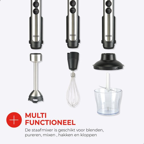 Bourgini Stabmixer - 4-tlg. Leistungsstarkes Stabmixer-Set aus Edelstahl -20 Geschwindigkeiten - Schneebesen - Zerkleinerer 600ml - Messbecher 800ml - 1500W