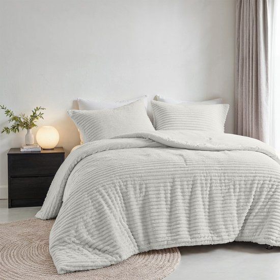 Zydante® Bettbezug Teddy Rib - 200x220 cm - Foggy Dew - mit 2 Kopfkissenbezügen