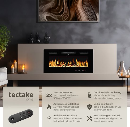 tectake® Wandkamin - Elektrokamin - Atmosphärischer Kamin - 91,5 x 12 x 43 cm - 900W & 1800W - Steuerung per Fernbedienung oder App - mit Thermostat - Ofen - mit Heizung - Kamine - Holz- und Glüheffekte - 3D-Flammen - Timer