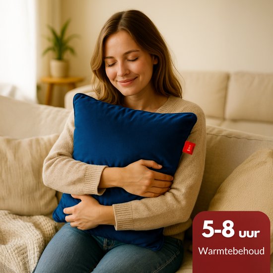Coozie Wiederaufladbares Wärmekissen - Kabellos & verkabelt - 45-65°C - Samt - 45 x 45 cm - Elektrisches Kissen - Inkl. Powerbank - Bis zu 8 Stunden Wärme - Dunkelblau