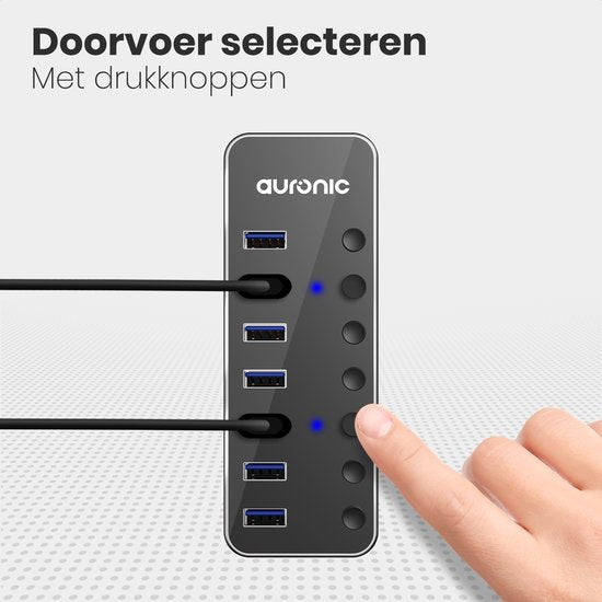 Auronic USB Hub 3.0 - USB Splitter mit 7 Ports - mit Netzteil - 5 GBPs - Led-Anzeige - Schwarz