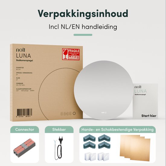 Nolt Badezimmerspiegel mit Beleuchtung - Runder Badezimmerspiegel - Heizung - Uhr - LED - 80 cm