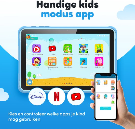 Spoused Kinder-Tablet - 10,1 Zoll - Kinder-Tablet ab 3 Jahren - 64GB - 4GB RAM- 6000 mAh Akku - Inkl. Schutzhülle & Parent Control App - Blau