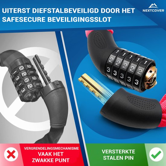 NEXTCOVER® - Digit Lock Fahrradschloss - Das Original - [SAFESECURE] - Fahrradschloss mit 5-stelligem Zahlencode, Zahlenschloss Fahrradstahl - Rot