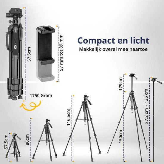 Studio ME Telefonstativ - 179 cm - Kamerastativ - Schwarz - Einbeinstativ - Stativ Smartphone - Telefonhalterung - Stativ Iphone - Stativ Telefon / Kamera / DSLR