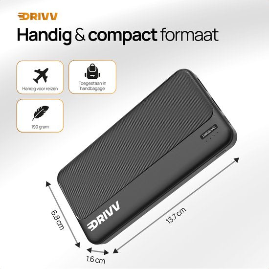 Drivv. Powerbank 10.000 mAh - 22,5W Schnellladegerät - Schnellladung USB 3.0 - USB C - Geeignet für Samsung / iPhone / mehr - Schwarz
