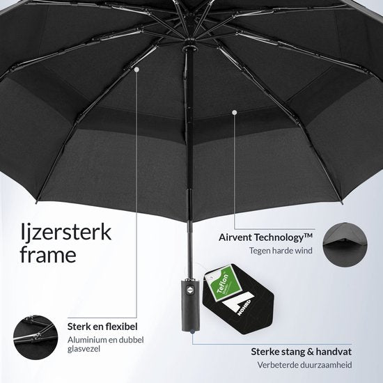 Nohrd Storm Umbrella - Schwarz - Regenschirm faltbar - Winddurchlässig - 140 km/h - Sturmschirme - Automatisches Auf- und Zusammenfalten - Regenschirme - inkl. Schutzhülle