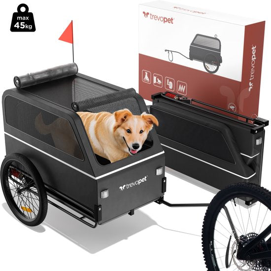 TrevoPet® Dog Bike Trailer XL - Klappbarer Fahrradanhänger Hund - Hundeanhänger mit Rampe, Federungssystem & wetterfest - Geeignet für E-Bikes - 45 kg - Schwarz
