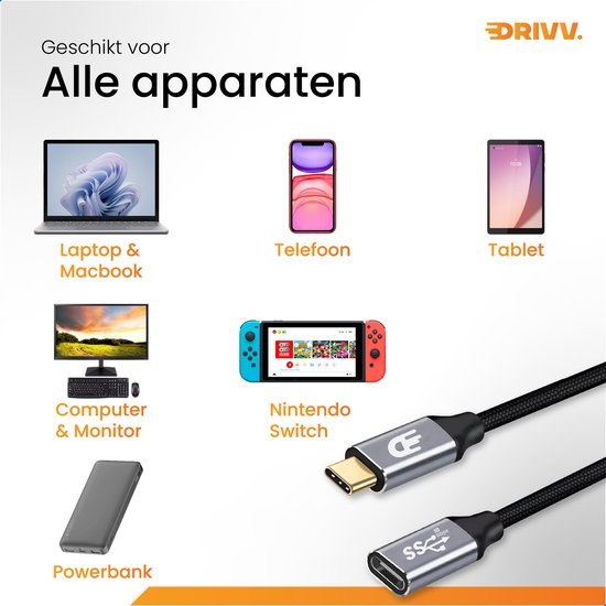 Drivv. USB-C-Verlängerungskabel 3.2 - Stecker auf Buchse - Schnellladung / Schnellladegerät - USB-C-Daten- und Ladekabel - 3 Meter - Geeignet für Samsung, iPhone 15 & mehr - Grau