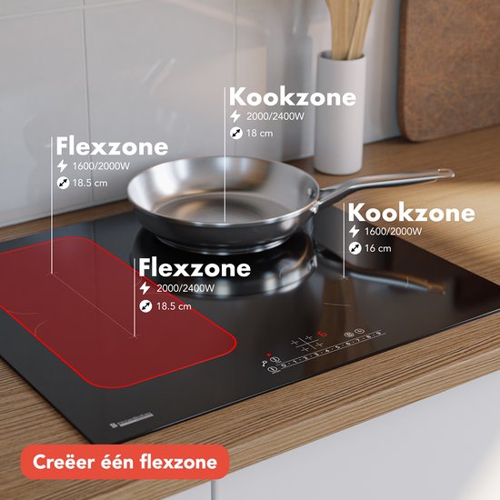 KitchenBrothers Induktionskochfeld - Einbau-Induktionskochfeld - 60 cm - 4 Zonen - 1x Flexzone - 1 und 2 Phasen - Bis zu 2400W - Schwarz