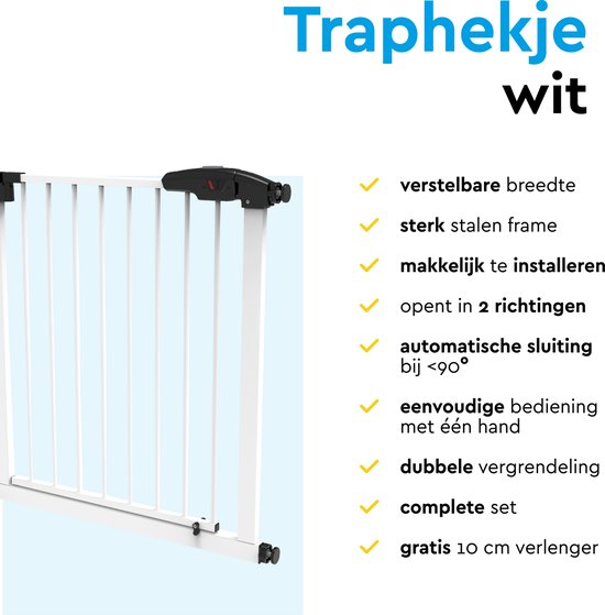 BRASQ Treppengitter ohne Bohren - Sicherheitstor - Kindertor mit Verlängerung 75 bis 93 cm - Ausziehbar - Klemmbefestigung - Metall - Hundetor - Weiß