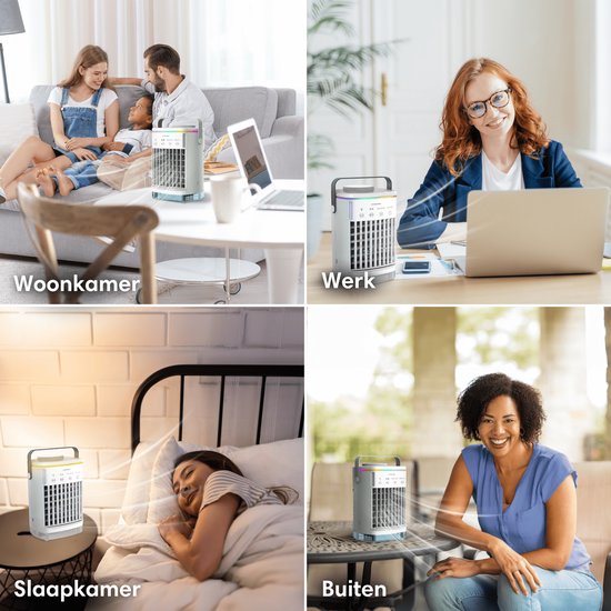 Vulpes Goods® Tech Mini Airco PRO Mobiles Klimagerät - Luftkühler 4in1 - Tischventilator - 4 Windgeschwindigkeiten - 2 Befeuchtungsmodi - Timer - Auslaufsicher - Weiß