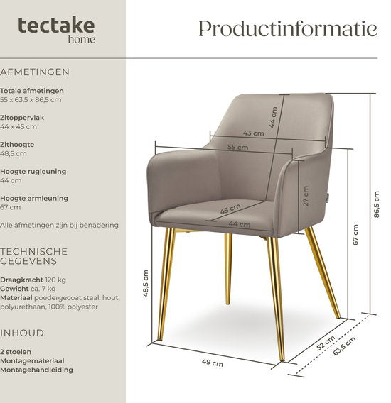 tectake Esszimmerstuhl Avane - Samtoptik - Gepolsterter Stuhl mit ergonomischen Armlehnen - Schlanke Stahlbeine in Gold - Belastbarkeit 120 kg - Komfortabler Ess- und Küchenstuhl - 2er-Set - Taupe