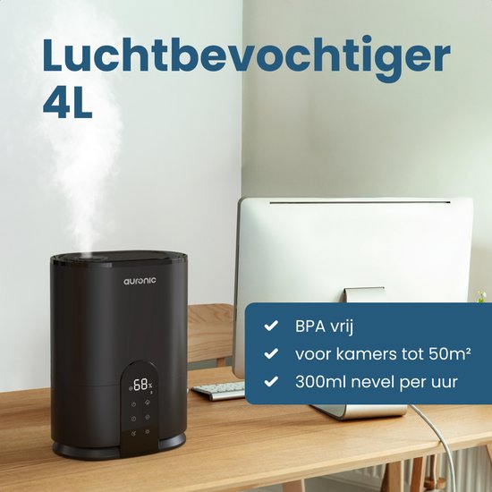 Auronic Luftbefeuchter - 4 Liter - 40m2 - Geeignet für Wohnzimmer, Büro, Schlafzimmer, Babyzimmer und mehr - Mit Aromatherapie - BPA-frei - Schwarz