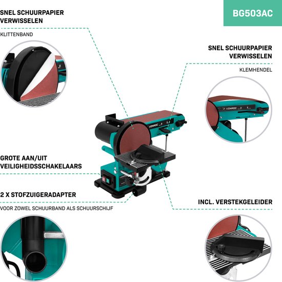 VONROC Band- und Tellerschleifer 350W - Inkl. 2x Schleifband 100 x 915 mm (P80 & P120) und 2x Schleifteller Ø150 mm (P80 & P120)