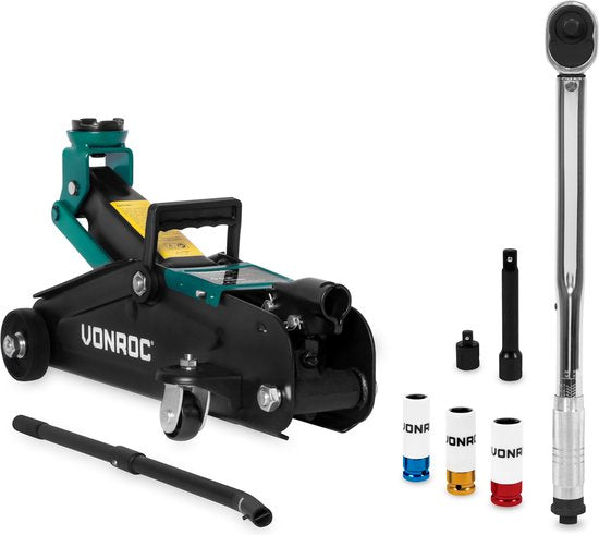 VONROC Reifenwechselset - Wagenheber 2000 kg - Drehmomentschlüssel ½" - Inkl. 3-teiligem Steckschlüsselsatz