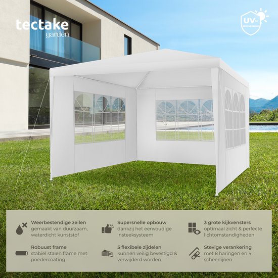 tectake - Pavillon - mit verstärktem Rahmen - Partyzelt 3x3 m - wasserdichte Plane - abnehmbare Seitenteile - wetterfester Gartenpavillon - inklusive Spannleinen und Heringe - weiß - Pop-up-Faltzelt