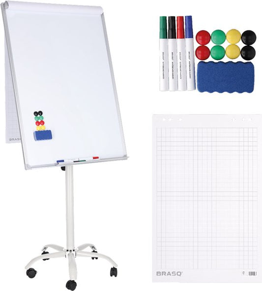 BRASQ Flipover Mobile - 70x100 cm - Verstellbares Whiteboard - Inklusive 25 Blatt Papier, 4 Marker, 8 Magnete, Radiergummi - Flipover mit Büroklammer und Haken - Magnetische Tafel - Magnetische Tafel - Weiß