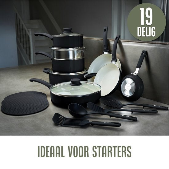 COOCK 19-teiliges Induktionskochgeschirr-Set - Spezielle Antihaftbeschichtung - Ergonomische Kaltgriffe - Recyceltes Aluminium - Bratpfannen-Set - Kochtopf-Set - Schwarz/Weiß - Inklusive Untersetzer und E-Book