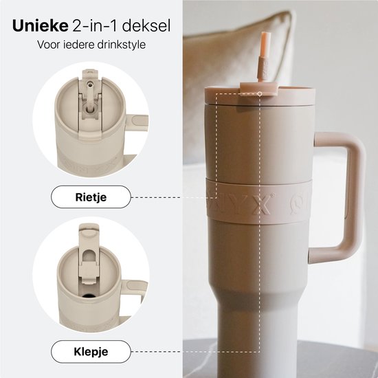 ONYX Trinkflasche mit Strohhalm 1 Liter - Wasserflasche für Kinder & Erwachsene - Thermoskanne Edelstahl Reisebecher - Motivationstrinker - Trinkbecher für die Schule - Sand Beige