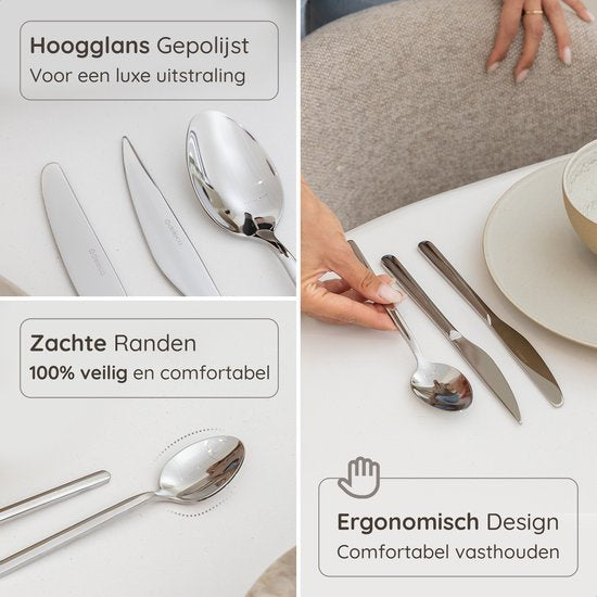 Deleca 6 Personen Luxus-Edelstahl-Besteck-Set Amor (36 Teile) - Löffel, Messer, Gabeln, Steakmesser & Kuchengabeln - spülmaschinenfest - Silbernes Design-Besteck - 18/0 Edelstahl