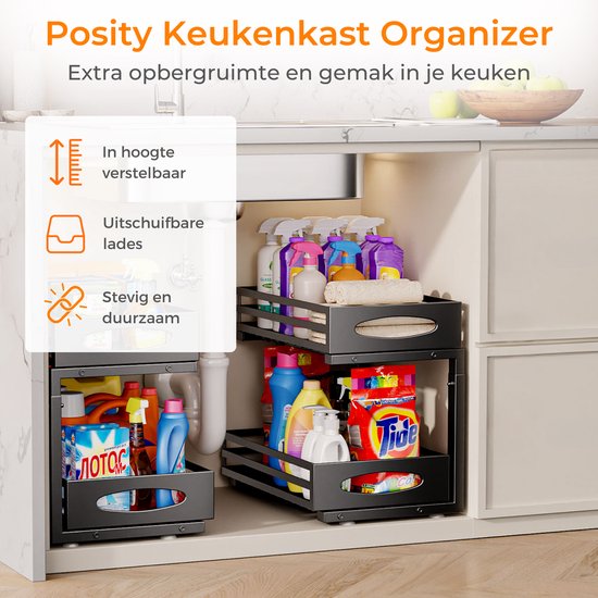 Posity Küchenschrank-Organizer - Spülenschrank-Organizer - Arbeitsplatten-Organizer - Aufbewahrungsregal - Badezimmer-Organizer - Küchenregal - ausziehbar - Metall - Schwarz