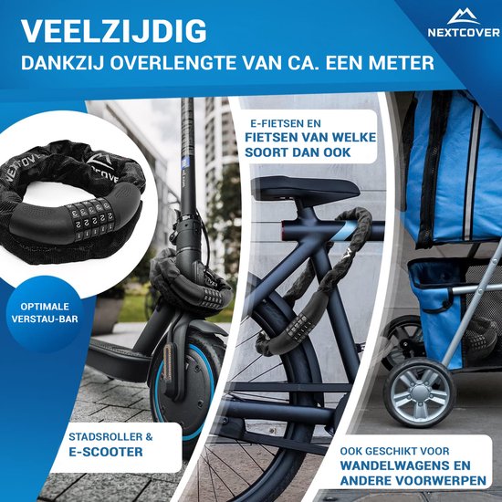 NEXTCOVER® Digit Lock Fahrradschloss - Das Original - [SAFESECURE] Hohe Sicherheit - Fahrradschlösser mit 5-stelligem Zahlencode, Zahlenschloss Fahrradstahl - Fahrradschloss perfekt für E-Bike - Kettenschloss Schwarz