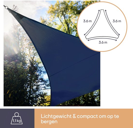 Perel Sonnensegel mit 100 LEDs, Sternenhimmel, Überdachung für Gartenterrasse, Schattentuch, wasserdurchlässig, 90 % UV-Schutz, 3 Edelstahlringe, 3,6 x 3,6 x 3,6 m, 180 g/m², HDPE, Dreieck, dunkelblau