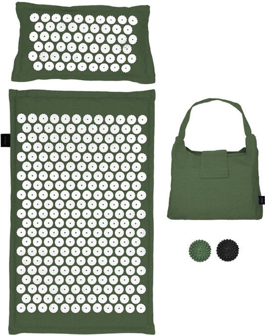 LifeGoods Akupressurmatte Eco - mit Kissen - Shakti Matte - Nagelmatte Inkl. 2x Triggerpunkt Ball und Tragetasche - 72x43x2cm - Grün/Weiß