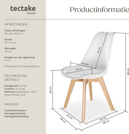 tectake® Esszimmerstuhl Frederikke - 2er Set Esszimmerstühle mit gepolstertem Stoffsitz - Massive Holzbeine - Ergonomische Stühle für Wohnzimmer, Esszimmer, Schlafzimmer und Küche - Belastbarkeit 120kg - Weiß