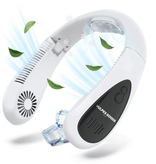 Vulpes Goods® Tech - Halsventilator mit Kühlelement - Wiederaufladbar & leise - Tragbarer Gesichtsventilator - 3 Stufen mit extra Kühlung - ELITE Version