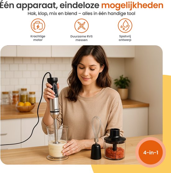 Goliving Stabmixer-Set 5-in-1 - Zerkleinerer - Messbecher - Schneebesen - 1000W - spülmaschinenfestes Zubehör - Edelstahl - Schwarz