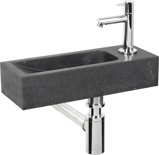 Differnz Luxor Brunnenset - Spülbecken Naturstein - Schwarz - Gebogener Wasserhahn - Chrom - Standardgriff - 38 x 14 x 8 cm